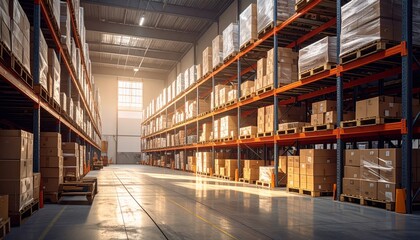 Obraz premium Large Warehouse Interior with Shelves and Packaged Goods