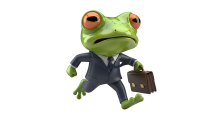 A stressed frog in a suit rushes to work, briefcase in hand.