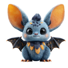 Fluffy Blue Bat with Orange Accents  Big Eyes on Black Background.