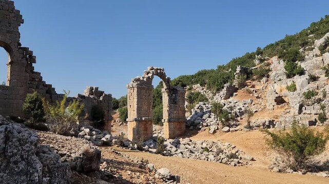 The remnants of the aqueducts that carried water to the ancient Olba settlement in the Silifke district of Mersin