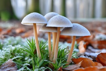 Frosty mushrooms growing in autumn forest floor