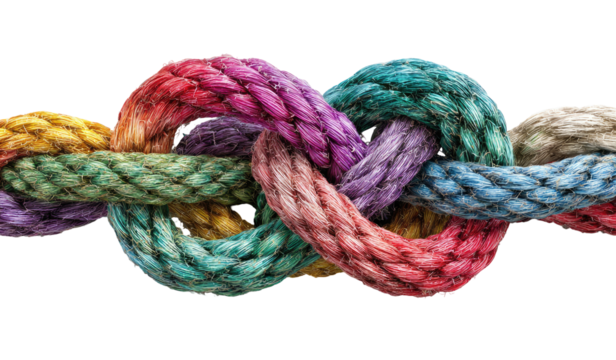 Multicolored ropes interwoven in a complex knot
