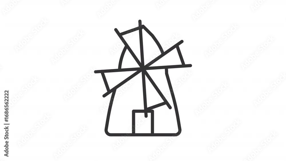 Poster traditional mill ui icon line animation. equipment grinding grain into flour. old rural architecture