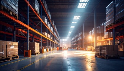 Fototapeta premium Spacious Modern Warehouse with Pallets and Natural Light Streaming In