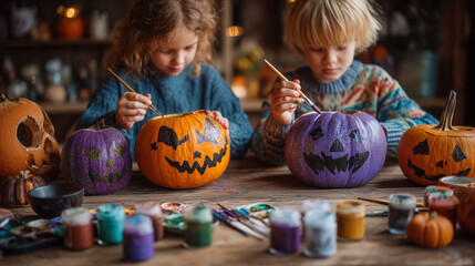Children painting Halloween pumpkins with joyful expressions and colorful paints.