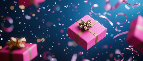 Fototapeta premium Festive pink gift box surrounded by colorful confetti