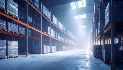 Obraz premium Bright and Spacious Warehouse Interior with Stacked Pallets and Shelves