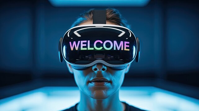 Immersive VR experience welcomes users with vibrant holographic display, futuristic technology concept, digital transformation, metaverse