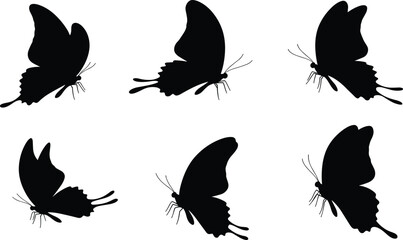 Butterfly silhouette collection, wing variations, insect shapes, nature icons, black vector, flight posture, species outline, graceful design, entomology reference