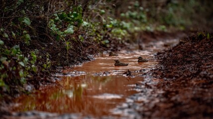Fototapeta premium Birds splashing shallow puddles along a forest trail after rain rich earthy tones and water reflections highlight natural details