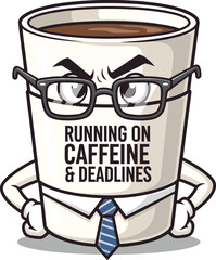 Cartoon coffee cup with glasses and necktie, running on caffeine and deadlines, stern expression, vector illustration, work pressure humor