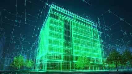 Green glowing wireframe building project showing sustainability and innovation - Powered by Adobe