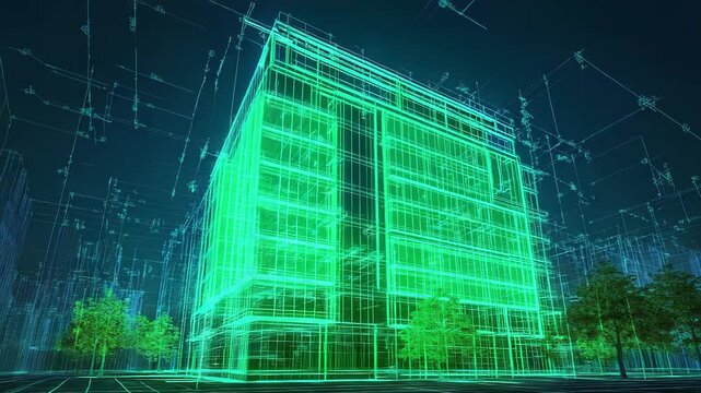 Green glowing wireframe building project showing sustainability and innovation
