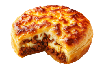 Mince and cheese pie with golden brown crust, mashed potato and melted cheese topping, isolated on white transparent background, concept of New Zealand fast food