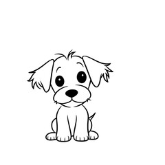 A charming black and white line art illustration of a cute, sitting puppy with large eyes and floppy ears.