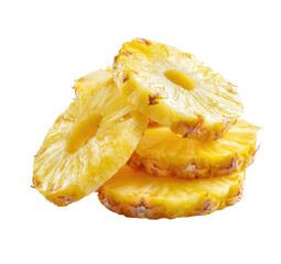 Stacked pineapple slices.  Fresh, golden-yellow pineapple rounds, precisely sliced,  form a neat stack against a black background.