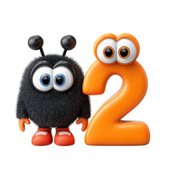 Fluffy Friend  Number Two Cute Character with Orange Numeral.