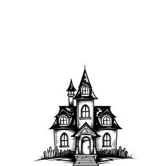 Fototapeta premium Detailed black and white drawing of a spooky, haunted house with a fence.