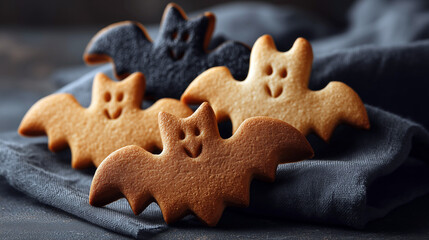 A delightful assortment of spooky bat-shaped cookies on a dark background.