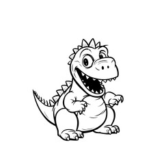 A black and white cartoon illustration of a happy, smiling dinosaur with big eyes and sharp teeth.