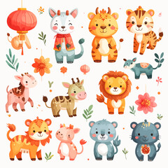 Adorable collection of cute watercolor safari and jungle animals.