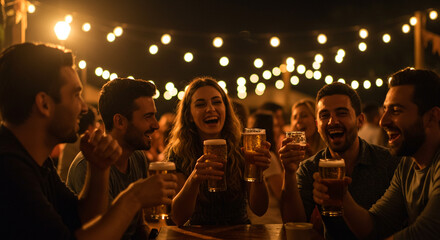 A group of friends laughing and enjoying drinks outdoors under string lights at night.