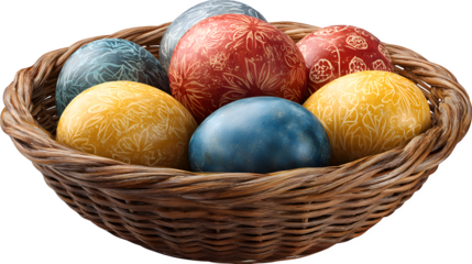 HD realistic hand-painted Easter eggs (red, yellow, blue) in basket isolated on white png