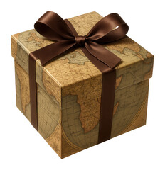 Gift box with vintage map design and brown ribbon