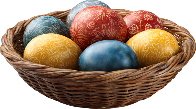 HD realistic hand-painted Easter eggs (red, yellow, blue) in basket isolated on white png