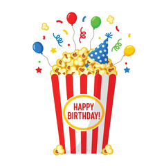 A festive popcorn bucket overflowing with popcorn, balloons, confetti, and a birthday hat, celebrating a happy birthday.