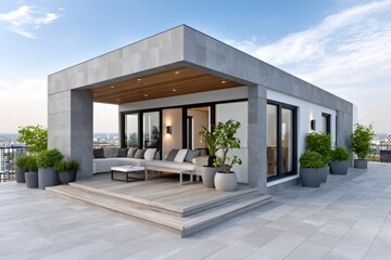 Fototapeta premium Modern rooftop penthouse with wooden decking overlooking cityscape