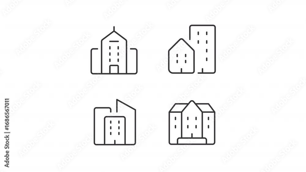 Poster modern urban architecture ui icons line animation set. multistory apartment and residential building