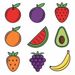 Collection of Colorful Cartoon Fruit Illustrations Featuring Apple, Plum, Strawberry, Orange, Watermelon, Avocado, Grapes and Banana