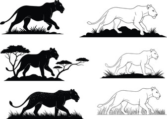 Panther leopard illustration set, silhouette and line art poses, walking in nature scenes, animal vector for anatomy and design reference © S.P