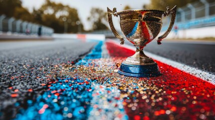 Radiant gold trophy on race track surrounded by colorful confetti celebrating a triumphant victory