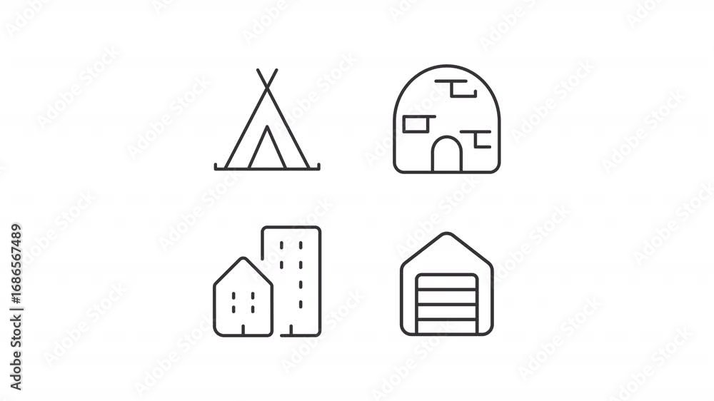 Poster types of buildings ui icons line animation set. tribal and modern architecture. teepee, igloo, condo