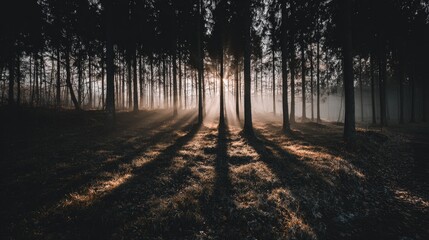 Fototapeta premium Sunbeams stream through dark forest, casting long shadows