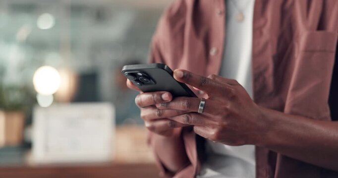 Hands, phone and texting at startup with contact for info, lead or bokeh in office at media company. Person, smartphone and space on app, notification and social network management at creative agency - Powered by Adobe