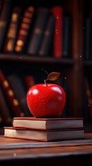 Glossy red apple atop stacked books in a library setting