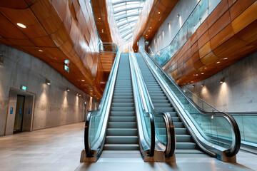 Clean futuristic escalator in a new metro station, architectural details in warm tones