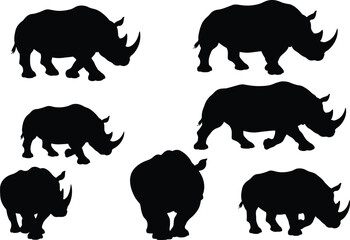 Rhinoceros silhouette collection, animal poses, safari icon, nature shapes, black vector, species outline, wildlife design, horned creature, posture study