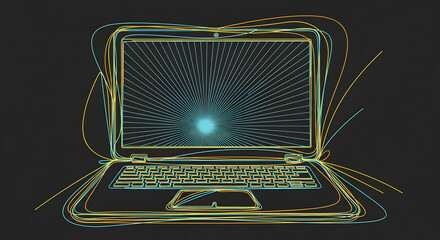Abstract illustration of a laptop with vibrant scribble lines, depicting digital energy and data streaming from a glowing sphere on the screen