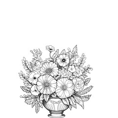 Detailed line art illustration of a lush floral bouquet in an ornate vase, featuring various blossoms and foliage, perfect for coloring.