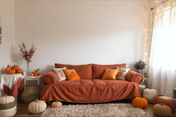 living room interior with orange sofa