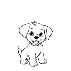 Cute cartoon puppy sitting with a happy expression, black and white line art for coloring book pages.
