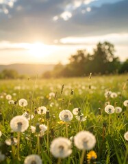 Sunset over a field of dandelions