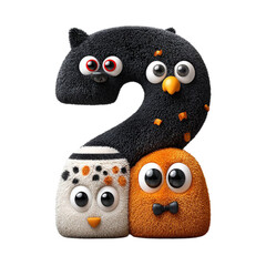 Fluffy Number Two Cute Monster Number with Happy Figures.
