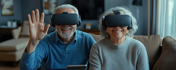 Elderly couple enjoying virtual reality technology at home together
