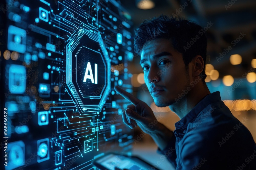 Poster man interacting with futuristic artificial intelligence interface in technology space