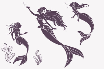 Fantasy Mermaid Silhouettes Clipart Set